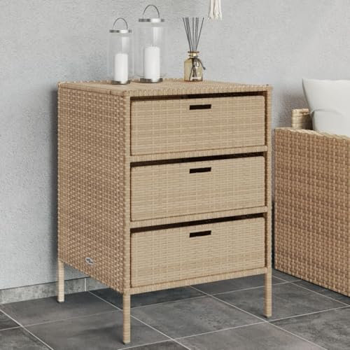 Keyroto Gartenschrank wetterfest Balkonschrank Rattan Outdoor Schrank wetterfest Aufbewahrungsschrank Haushaltsschrank Beistellschrank für Balkon & Pool-Beige-55 x 59 x 80 cm