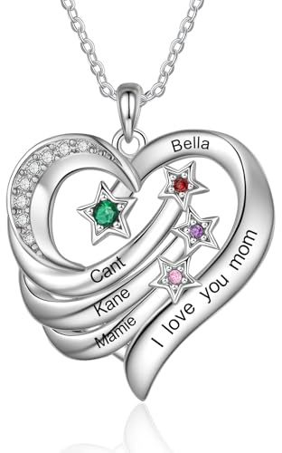 Presentimental Damen Halskette mit Gravur Personalisierte Kette mit Name Geburtsstein Herz-Anhänger Geschenk für Damen Weihnachten Muttertag (4 name)