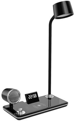 Tashace Schreibtischlampe mit kabelloser Aufladung, Bluetooth-Lautsprecher, Atmosphäre, Nachtlicht, Uhr, intelligentes Lesen, LED-Multifunktions-Tischlampe for Schlafzimmer, Zuhause, Büro(Black)