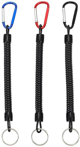 WOLMIK Lot de 3 porte-clés en spirale extensibles avec clip de mousqueton - Porte-clés en spirale de sécurité pour sac à dos, clés, téléphone, portefeuille, outil de pêche - Noir, rouge, bleu