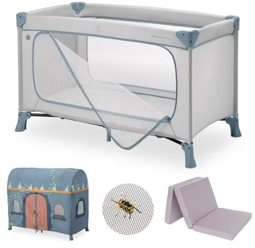 hauck Kinderreisebett Dream N Play Plus – XXL Zubehörpaket mit Matratze, Spielzelt & Insektenschutz, faltbar & klappbar, Tasche & großem Eingang – Dusty Blue
