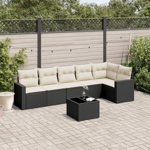 IKAYAA 7-tlgRattan Gartenmöbel Set mit Stauraum Gartenlounge Balkon Lounge Gartenmöbel Klein Rattan Sofa Balkon Ecklounge Gartensofa Ecksofa Loungemöbel Terrasse-Schwarz und Creme