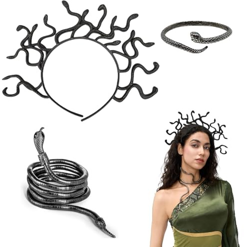 MFCGHXR Medusa Modische Haarreife,Medusa Kopfschmuck Set – Schlangen Kopfbedeckung, Halskette und Armreif, verstellbar, für Frauen und Jugendliche, ideal für Cosplay und Themenpartys
