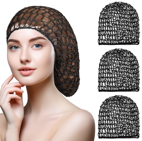 Piriuuo 3 Pcs Crochet Hair Net, Hair Nets for Sleeping Mesh Crochet Hairs Wrap Breathable Hairs Nets Cap Rayon Knit Snood Wig Caps Reusable Elastic Shower Caps for Women Sleeping (Black)