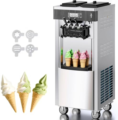 Kommerzielle Eismaschine, 20–28 L/h Leistung, 2200 W, Freistehende Softeismaschine mit 3 Geschmacksrichtungen, 2 x 6 L Edelstahlbehälter, LED-Panel Einzelzylindernutzung & Kühlung über Nacht