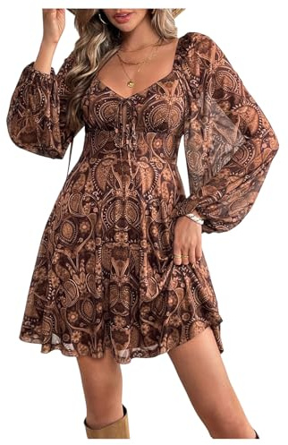 GORGLITTER Women's Flowy Western Dress Festival Cowgirl Country Outfits | Paisley Sweetheart Neck Puff Long Sleeve Dresses, Tie Front Flared Mini Dress Cowboy Outfits