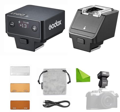 Kit-Godox iT20 S Mini Flash TTL y Elevador de Zapata Caliente TR TTL, Altura Ajustable de 30mm (0-90°), 700 Flashes con Reciclaje de 1,5s, Modificadores magnéticos incluidos, para Sony a99/a77/a350