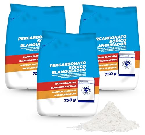 Percarbonato Blanqueador, Percabonato Sódico, Apto para el lavado de ropa tanto blanca como de color, alarga la vida de su lavadora, Elimina Manchas Difíciles y Olores, 750 gramos, 3 unidades