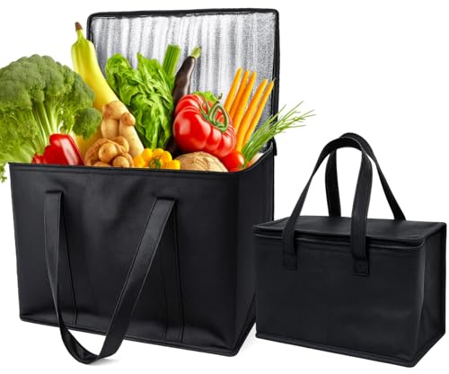 saerryor 2 Pack Insulated Reusable Grocery Shopping Bag, Large Cooler Bags for Food Delivery Heavy Duty Collapsible Cool Bag with Durable Handles & Dual Tab Zips for Picnic, Camping, Black