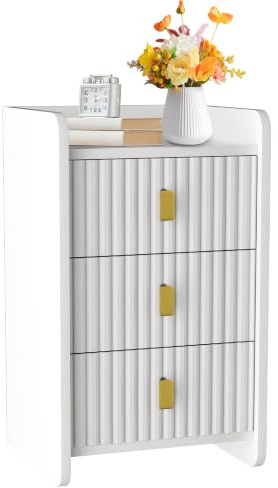 ESTUWD Bedside Table with 3 Drawers - Modern Nightstand - Bedside Cabinet Wooden Fluted Easy to Assemble - Bed Side Table for Bedroom Living Room Small Spaces - 33 * 30 * 55 cm ((1, White)