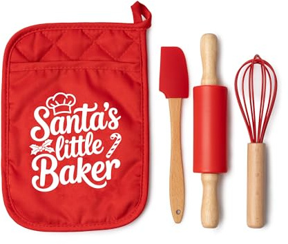 eBuyGB Children’s Christmas Baking Set, “Santa’s Little Baker” Kids Baking Tools Kit, Mini Rolling Pin, Whisk & Spatula, Red Baking Utensils Gift for Children, Little Bakers Gift for Christmas