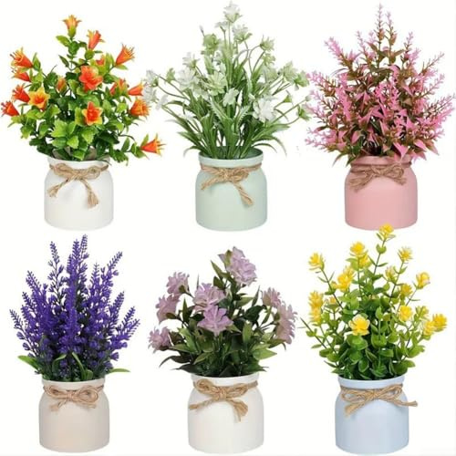 Minflora 6 flores artificiales con maceta de cerámica, pequeños arreglos de flores de hortensias falsas, flores de primavera sintética, centro de mesa, decoración de mesa para granja, oficina, estante