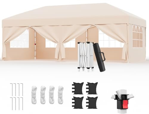 Devoko Tonnelle Pliante 3x6 Imperméable UPF50+, 3 Hauteurs Réglables, 6 Parois Amovibles, Tonnelle de Jardin pour 16-20 Personnes, Barnum Pliable avec Sac de Transport, pour Jardin/Marchés/Fêtes,Beige