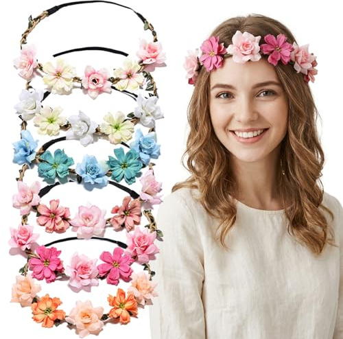 6 Stück Blumenkranz Haare Set, Blumen Haarreif & Haarschmuck Blumen, Oktoberfest Accessoires & Dirndl Zubehör Damen, Haarkranz Blumen für Hochzeit, Schlagerparty Outfit, Hawaii Outfit Damen