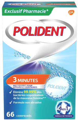 Polident Nettoyant 3 Minutes, Pour Prothèses Dentaires Partielles ou Complètes, Action Rapide, 66 Comprimés