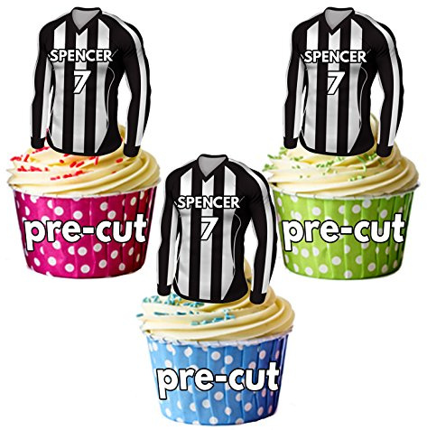 AK Giftshop PRECUT Personalised Edible Football Shirts With Your Chosen NAME & NUMBER - Cupcake Toppers/Cake Decorations Black and white Striped Shirt Top (Pack of 12)