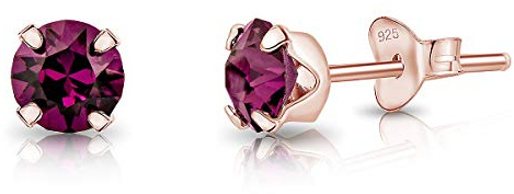Pendientes de Botón Plata Ley 925 Chapados Oro Rosa 18K on Cristales Brillantes Amatista - Pendientes Pequeños Oro para Mujer - Punto de Luz Hipoalergénicos - Diámetro 5 mm