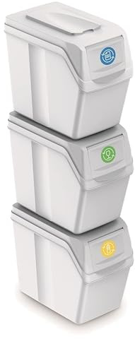 Prosperplast Set of 3 Recycling Bins, 60 Litres Total Capacity, Stackable, White Containers, 3 x 20 Litres