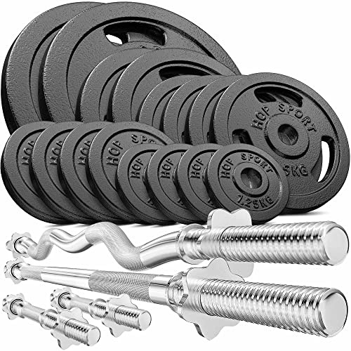 Hop-Sport GUSS Hantelset 116 kg, 1x Langhantel, 1x SZ Stange & 2x Kurzhantel inkl. 16 Hantelscheiben 2x20kg/2x10kg/4x5kg/4x2,5kg/4x1,25kg