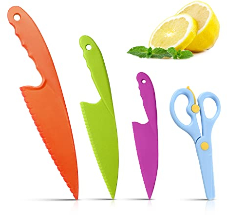 4 Stück Kinder Küchenmesser und Sicherheit Schere, Kindersichere Messer aus Kunststoff Sichere Nylon-Kochmesser Kinder Messer Kochen Küchenmesser für Blattsalat, Salat, Kuchen, Brot, Gemüse, Obst