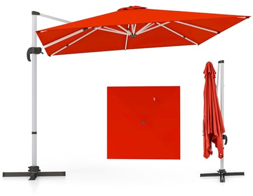 COSTWAY Sonnenschirm rechteckig 300 x 300 cm, großer Ampelschirm mit Kurbel, Gartenschirm neigbar, 360° drehbar, Terrassenschirm, Marktschirm für Garten, Terrasse, Balkon (Rot)
