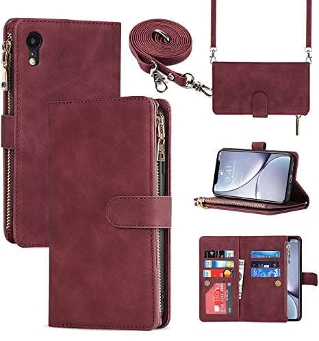 CAVOR Handykette Handyhülle kompatibel mit iPhone XR Hülle Mit Band,Flip Leder Geldbörse Hülle Mit Kette,[9 Kartenfach][Doppelte Schnalle],Umhängeband Klapphülle Handytasche - Rot