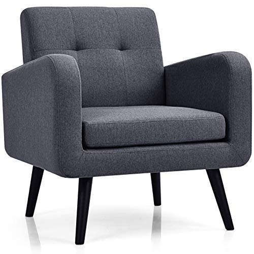 COSTWAY Modern Accent Chair, Tufted Upholstered Lounge Armchair Single Sofa Chair with Rubber Wood Legs, Linen Fabric Comfy Occasional Leisure Reading Armchair for Living Room Bedroom (Grey)