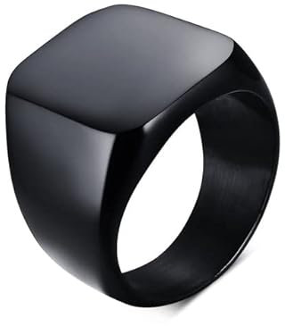 DINGDO 18mm Chunky Signet Ring for Men Black Stainless Steel Engraved Royal Initialen Letter Initial Ring Jewelry