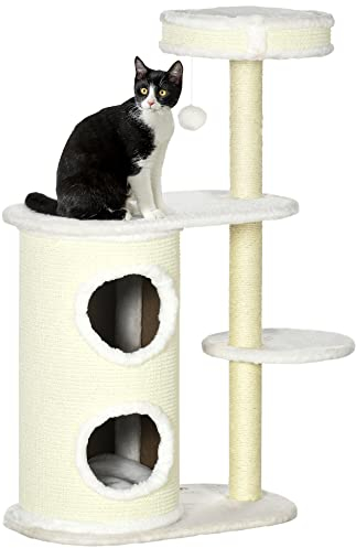 PawHut Kratzbaum 100 cm Katzenturm mit Kratztonne, Spielball, Sisalstämme, große Plattform, mehrstöckiger Katzenkratzbaum mit Kissen, Kletterbaum, für Katzen unter 5 kg, Cremeweiß