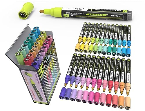 Acrylfarben-Marker-Set mit 24 Konfetti-Farben, 3 mm, mittlere Spitze, Steinmalerei, Glas, Tassen, Holz, Metall, Leinwand, Keramik, Kunststoff, DIY-Projekte, Illustration. Ungiftig, auf Wasserbasis,