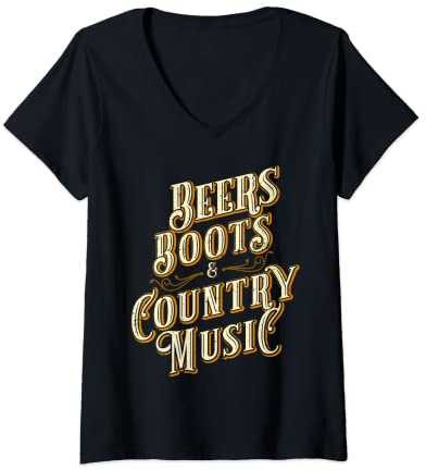 Femme Bottes de bière amusantes et musique country western T-Shirt avec Col en V