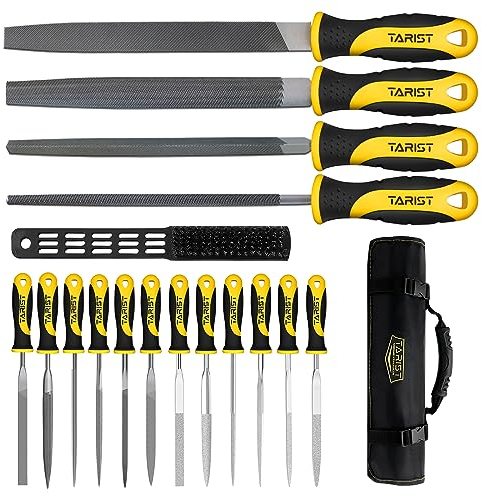 TARIST 17PCS File Set with Tool Bag, Includes 4PCS Large Metal File, 12PCS Needle File and Wire Brush,Work for Metal, Wood and More