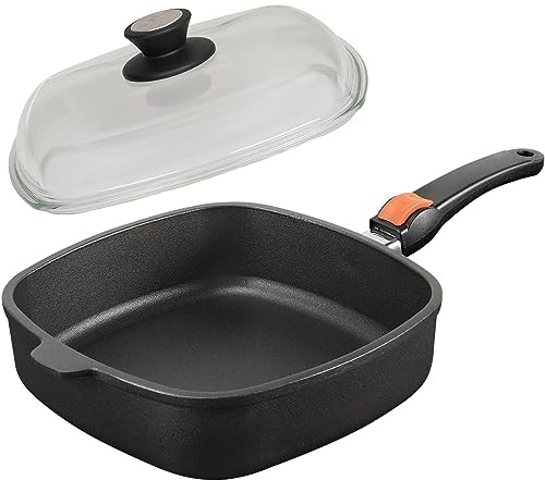 SKK große 2-tlg. Bratpfanne 26x26 cm - Induktion - eckige beschichtete Aluguss Hochrandpfanne - Stiel abnehmbar & Vollglas Deckel - Made in Germany