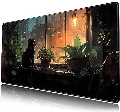 Mechanical Cattle Schwarze Katzen-Schreibtischunterlage, grüne Pflanzen, Anime, großes Gaming-Mauspad, erweitertes Tastatur-Mauspad, Laptop-Desktop-Matte, niedliche