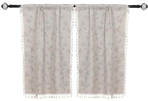 Moslovstar 2 Paneele Leinenvorhänge mit Quasten im Landhausstil, kleines Gras und Blumen, Vintage, halbtransparenter Fenstervorhang für Küche und Bad, 66 x 46 cm Volants