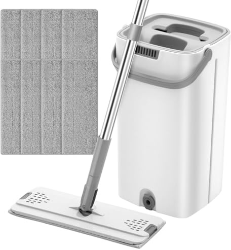 Aboiledy Lazy Kit de Nettoyage des avec serpillère Plate et Seau avec tampons en Microfibre lavables pour Bois Dur