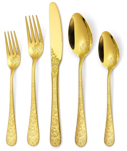 Cutlery Set Gold | 30 Piece Gold Stainless Steel Flatware Set| Engraved Rose Pattern | Forks,Spoons & Knives for Home,Restuarant,Party Supplies & Buffet Table,Serves 6 People