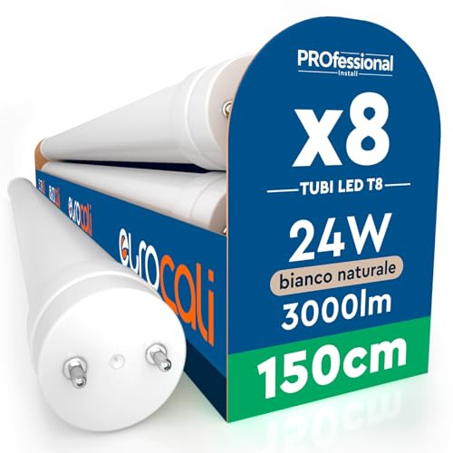 Eurocali 8 Tubi LED 24W 150cm T8 G13 SMD con Starter 3000 Lumen Garanzia 3 Anni - Luce Naturale 4000K - Alta Luminosità 125 lm/W - Materiale Nano Plastic Sostituzione Neon per Soffitto Garage Negozio