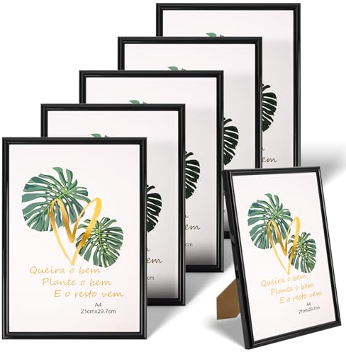 YIIFELL 5er Set Bilderrahmen A4 Schwarz, Bilderrahmen DIN A4 (21 x 29,7 cm) Plexi-Glas Portraitrahmen Mit Nahtloser Haken für Wand- oder Tischaufsteller für Fotos, Poster, Puzzles