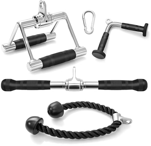 COSTWAY 3/4-Piece Cable Machine Attachment Set, LAT Pulldown Equipment with V-Shaped Press Down Handle, Tricep Rope & Double D Handle, Weight Machine Accessories for Home Gym