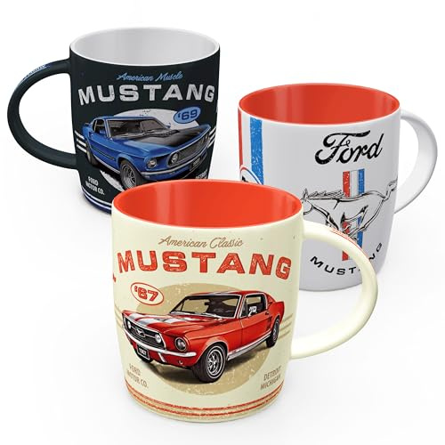 Nostalgic-Art Retro kaffemugg (3-pack), 330 ml, Ford Mustang Set 2 – Presentidé för Ford-tillbehör Fans, Original licensprodukt (OLP), keramik-mugg för kaffe, Vintage Design | Original Ford licensprodukt (OLP), keramisk kopp för kaffe, vintage design, presentidé för Ford-fans