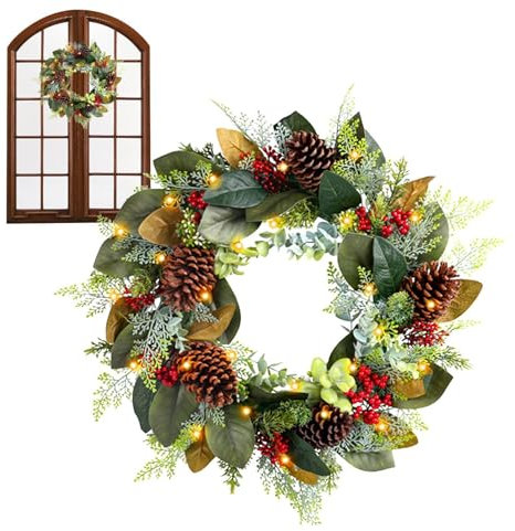 Leryveo Beleuchteter Weihnachtskranz für den Außenbereich, beleuchteter Weihnachtskranz - Natürliche Tannenzapfengirlande - Weihnachtskranz, künstlicher Feiertagsakzent mit Tannenzapfen und Blättern