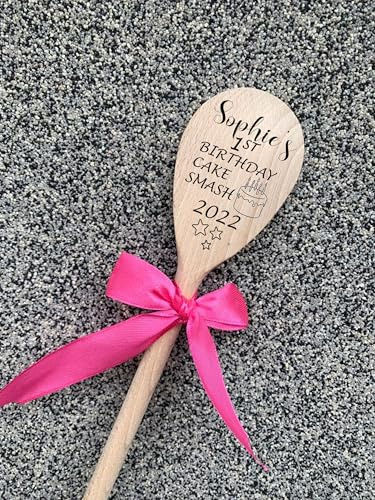 Personalised Wooden Cake Smash Spoon, 25-30cm, Pink Ribbon, 2022