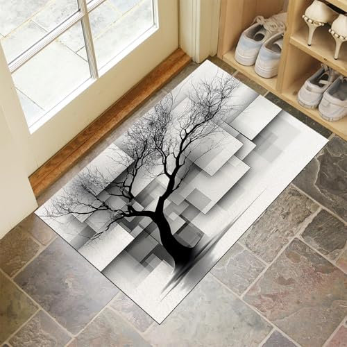 MULERN Schmutzfangmatte Innen 40X60Cm Maschinenwaschbare Fußmatte, Sauberlaufmatte, Schwarz-Weißer Baum Eingangstürmatte Mit Wasserabsorbierenden, Fussmatte Für Hund, Eingang, Haustür & Flur