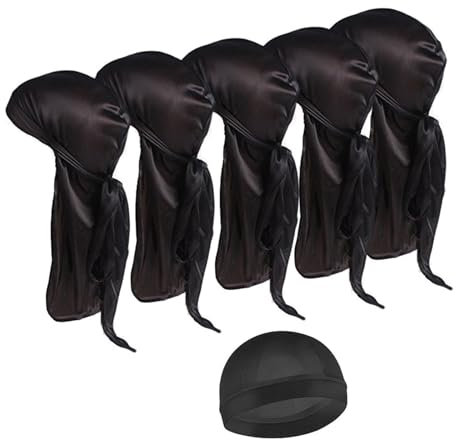 Fokroin 5 Gorros Ondulados de Seda y 1 Sombrero Redondo Durag de Seda, Negro Olas, Silky Durag Larga Diadema para Hombres y Mujeres, Sin Arrugas, Ultrasuave, Cómodo, Elástico, para Hombres y Mujeres