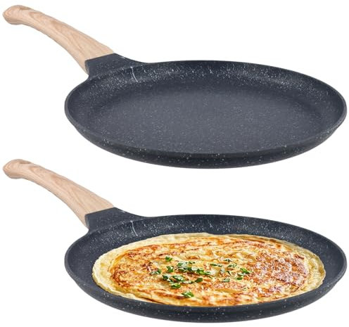 HEIYUET Lot de 2 Poêle à Crêpes de 24 cm, avec Revêtement Antiadhésive en Granit et manche en bois, passent au lave-vaisselle, pour induction, cuisinière à gaz