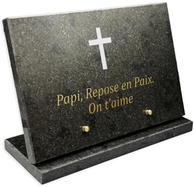 OCAP-FUNERAIRE.COM Plaque funéraire rectangulaire en Granit véritable d'épaisseur 2 cm, Personnalisable avec Pictogramme et Texte - 30 x 20 cm