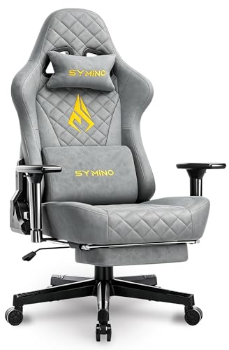 Symino Chaise Gamer Ergonomique - Fauteuil de Bureau avec Repose-Pieds Télescopique, Support Lombaire et Hauteur Réglable - 200kg (Simili Cuir Grey)