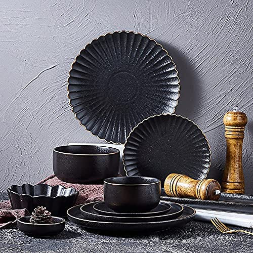 Set di stoviglie in Ceramica, 15 Pezzi, Piatti e Ciotole retrò Neri opachi, Set da tavola Giapponese con Bordo Irregolare, Servizio per 4 Persone, Nero
