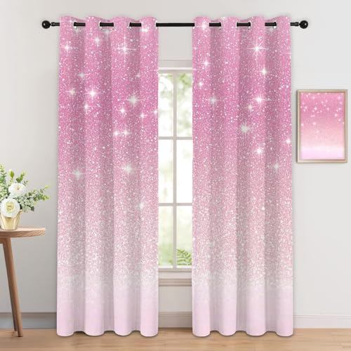 Luxfieo Rosa Glitzer Vorhänge Mädchen Rosa Ombre Prinzessin Vorhang Blickdicht Gardinen 200cm Lang Verdunklungsvorhänge mit Ösen Thermovorhang für Wohnzimmer Schlafzimmer Fenster Deko 2er Set